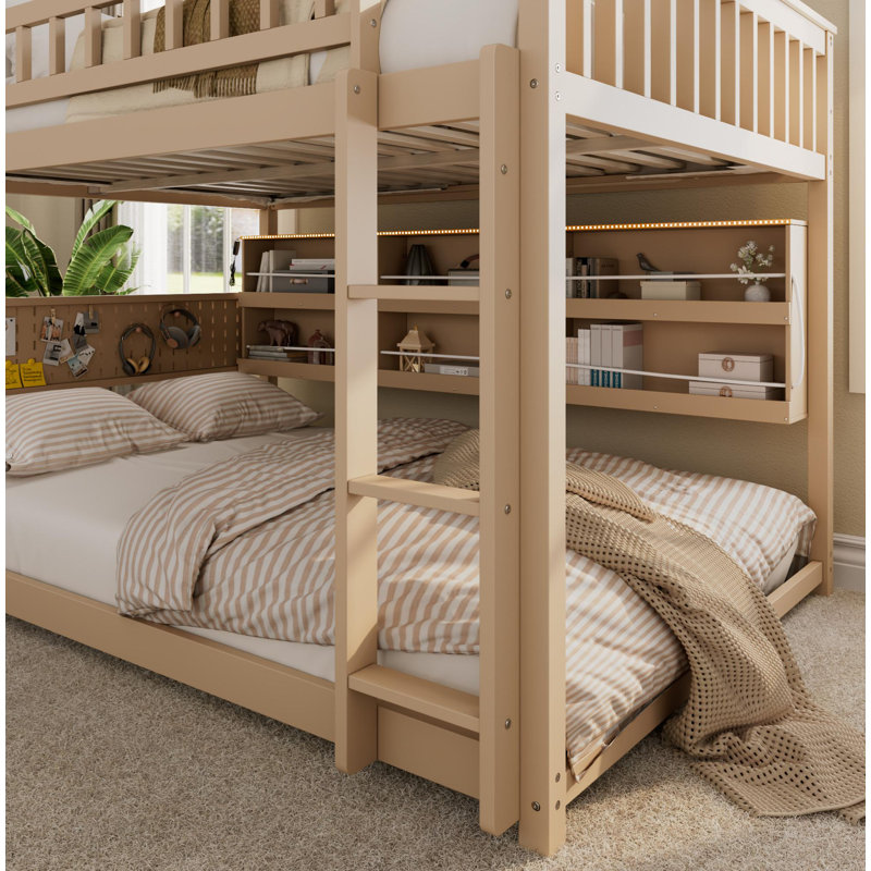 Lit superposé double au-dessus de double avec tablettes intégrées, lumières à changement de couleur et panneau perforé, beige