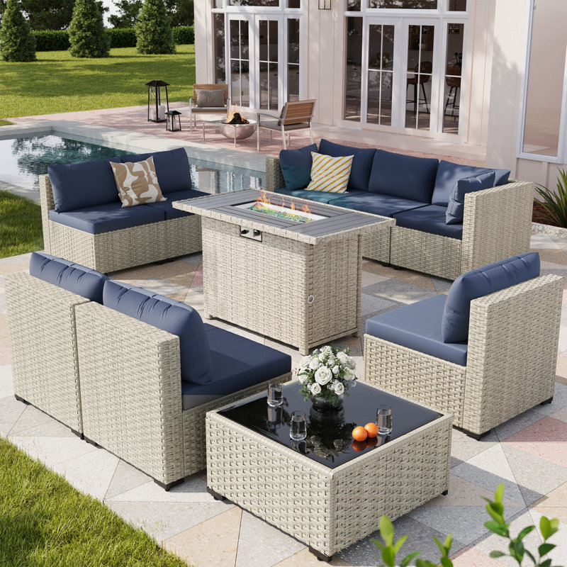 9 Pieces Design-Oriented Rattan Patio Conversation Sets With Fire Pit, Navy