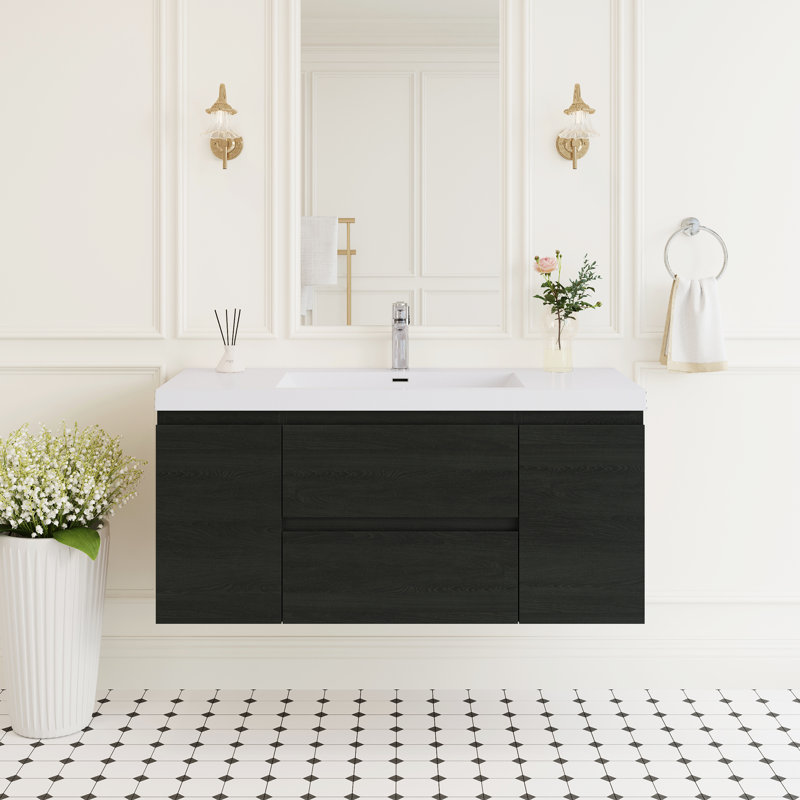 Armoire de salle de bain flottante murale moderne entièrement assemblée de 48 po avec lavabo à surface solide et tiroirs à fermeture en douceur avec lavabo