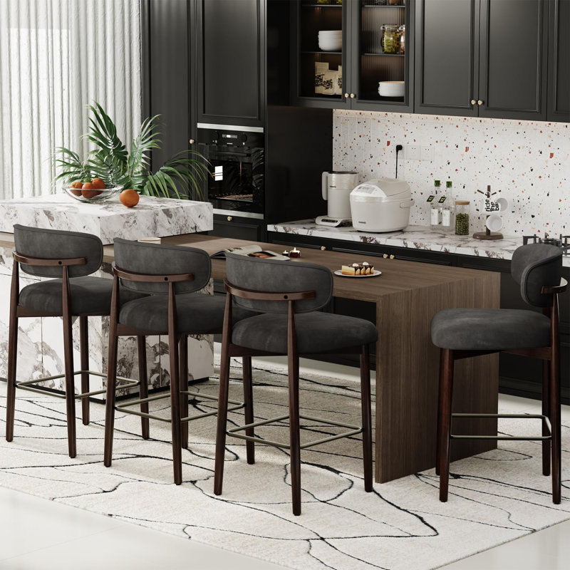 Set of 4 Bar Stools with Backs - 26 Inch Counter Height Kitchen Stools with Wood Legs, Modern Upholstered Chairs for Kitchen Island & Dining, Gray