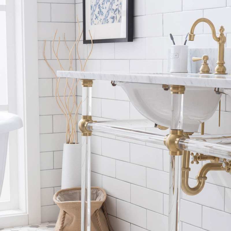 Ellie 33" Tall Stone Oval Console Bathroom Vanity with Faucet and Overflow, Satin Gold