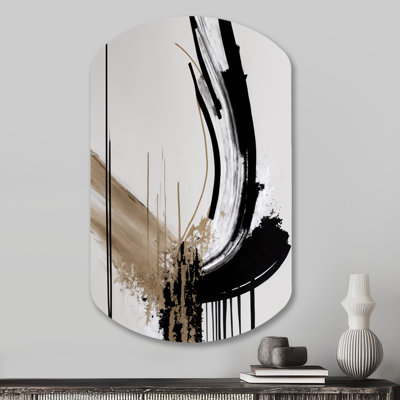 «Golden Minimalist Abstract IV», art mural cylindrique abstrait en métal, impression asymétrique noire sur métal