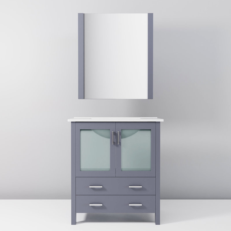 30 po Meuble-lavabo gris foncé, couche supérieure en céramique blanche, miroir mural rond de 28 po, fonctionnalité de fermeture en douceur, deux tiroirs et une armoire de salle de bain à largeur de rangement