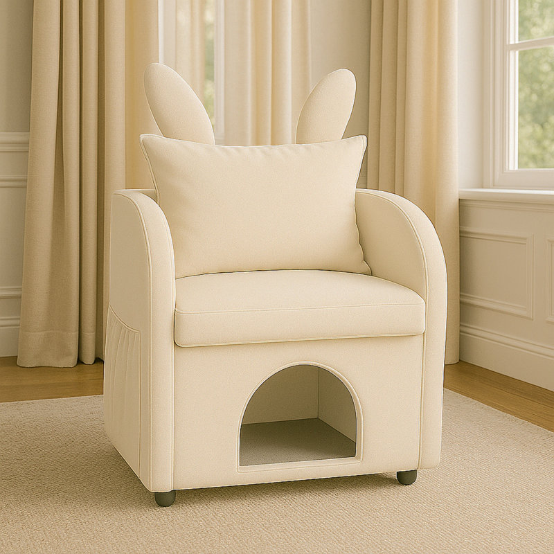 Fauteuil douillet à oreilles et oreilles de lapin beige avec cachette pour chat et chien intégrée, Beige