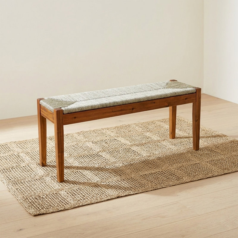 Arbor Solid Acacia Wood Bench with Hand-Woven Rush Seat - 46" Mid-Century Entryway & Bedroom Bench (Warm Chestnut)