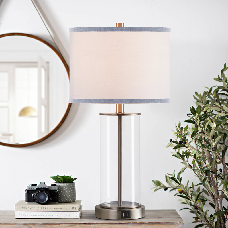Towley 23.25'' Glass USB Table Lamp Set Brushed Nickel Finish, Brushed Nickel