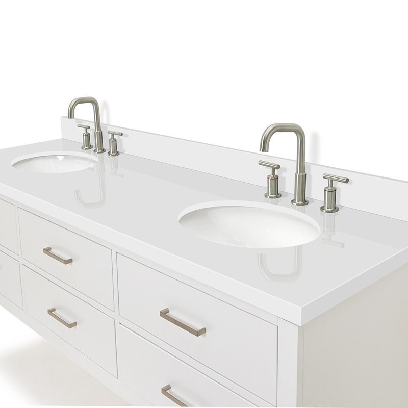 73'' W Double Vanity, Pure White Quartz, Gray, Brushed Nickel