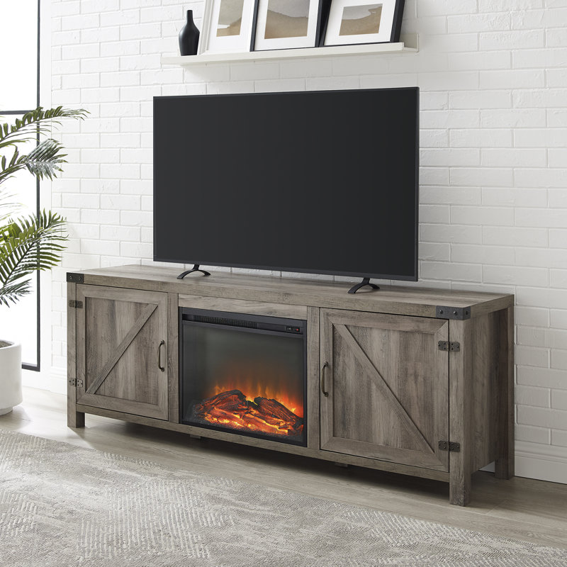 Meuble télé de 58 po avec porte de grange et foyer électrique Marckson, 70" W x 15.5 D, Gris délavé
