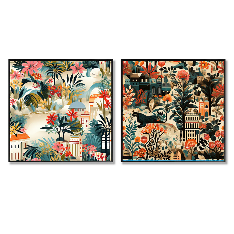 Saleya - Ensemble de 2 collages carrés abstraits, H 36 po x l 73 po, Cadre flottant noir
