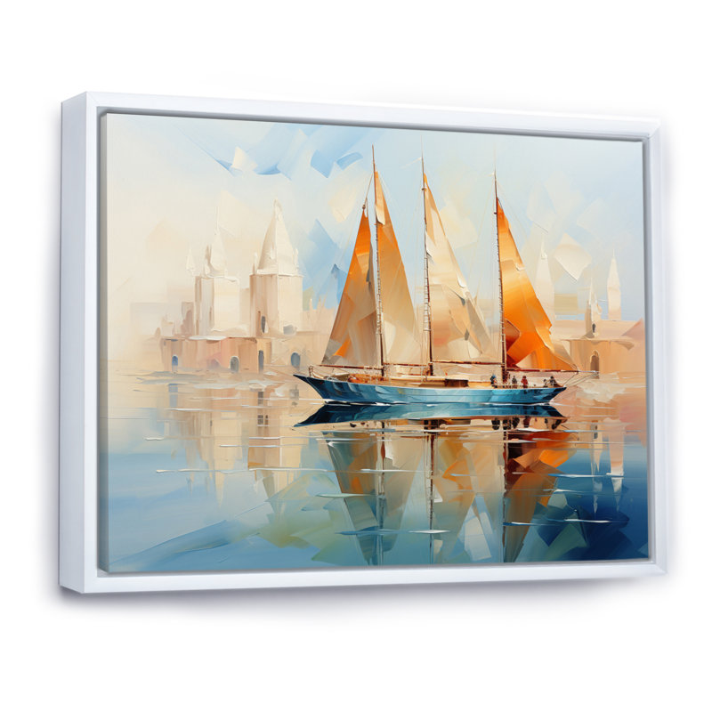 " Boat Abstract Maritime Symphony III ", White Floater Framed, 24" H x 32" W x 1" D