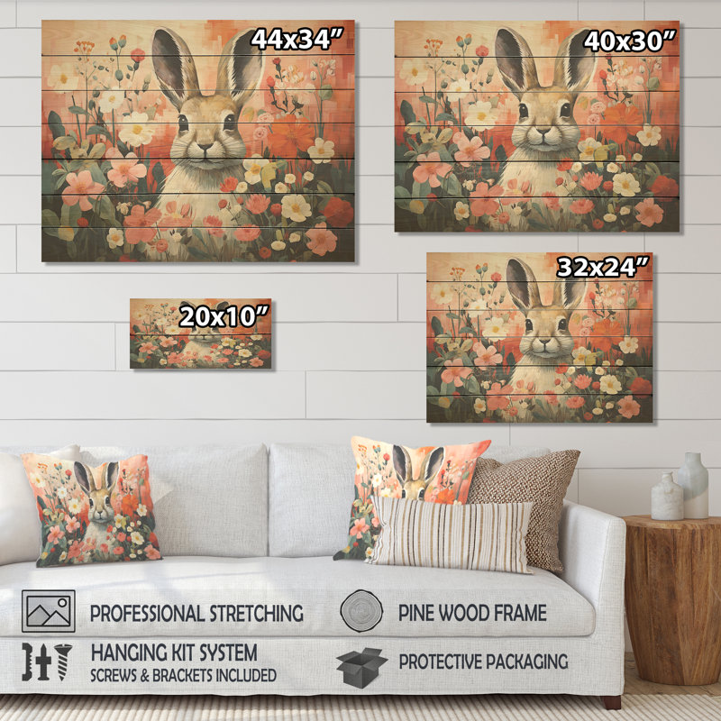Motif de lapin rose avec fleurs, H 34 po x l 44 po x P 0,78 po