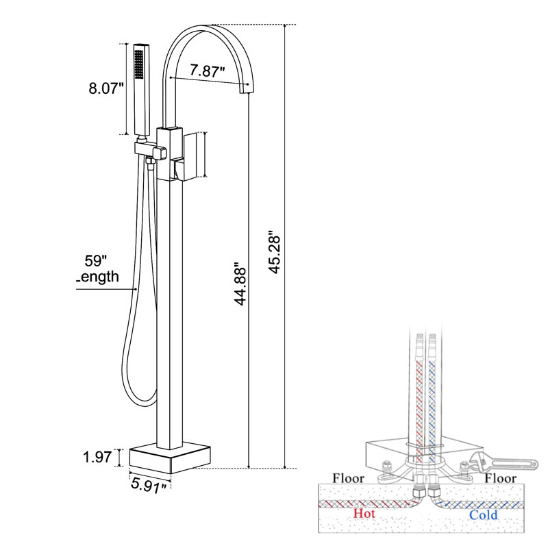 Waterfall Single Handle Floor Mount Freestanding Tub Faucet Bathtub Filler With Hand Shower, Brushed Nickel