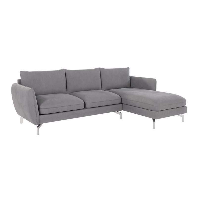 Modern Corner Chaise Sofa Kimo with Silver Metal Legs, Grey, Right Hand Facing
