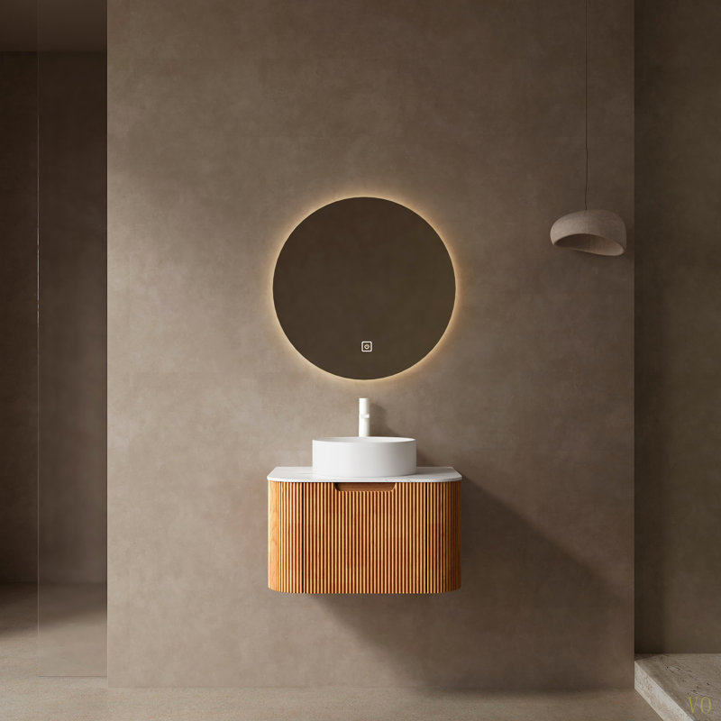 Meuble-lavabo de salle de bain 24 po avec lavabo, armoire de rangement murale rayée à bords arrondis avec tiroir, lavabo en céramique rond sans robinet, pré-assemblé