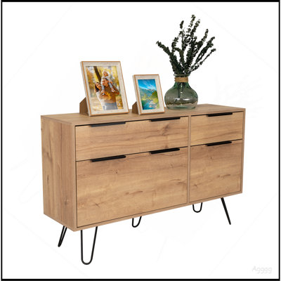 Commodes 4 tiroirs en chêne clair avec pieds en métal, ensemble de 2