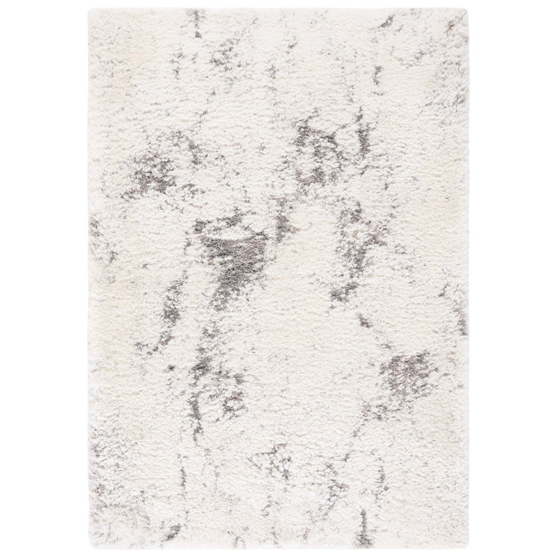 Tapis abstrait en polyester tissé à la machine en ivoire / gris, Rectangle 4 pi x 6 pi