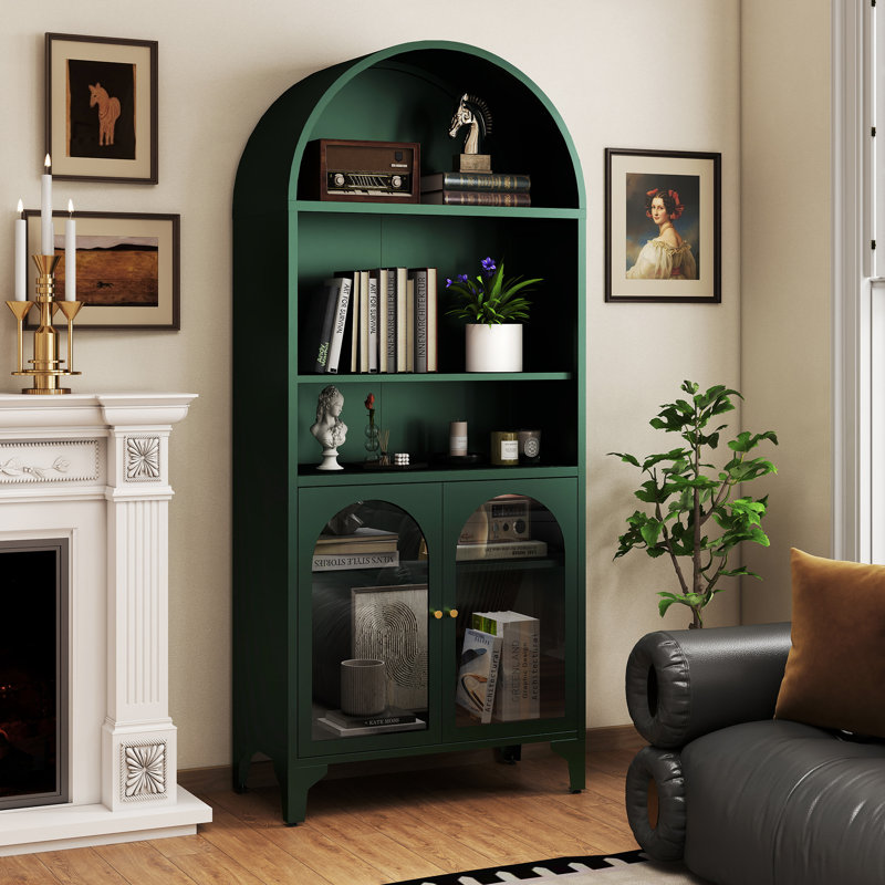 Vitrine de rangement arquée en métal 73,6 "avec tablettes réglables et portes en verre, Vert