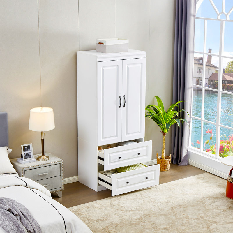 Garde-robe blanc avec portes à fermeture douce et 2 tiroirs Abbottsville | Armoire de chambre à coucher, conception peu encombrante (H 70,87 po)