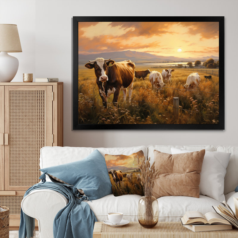 Cows At Farm Landscape V - Animaux, art mural sur toile, H 30 po x l 40 po x P 1,5 po, Cadre simple noir