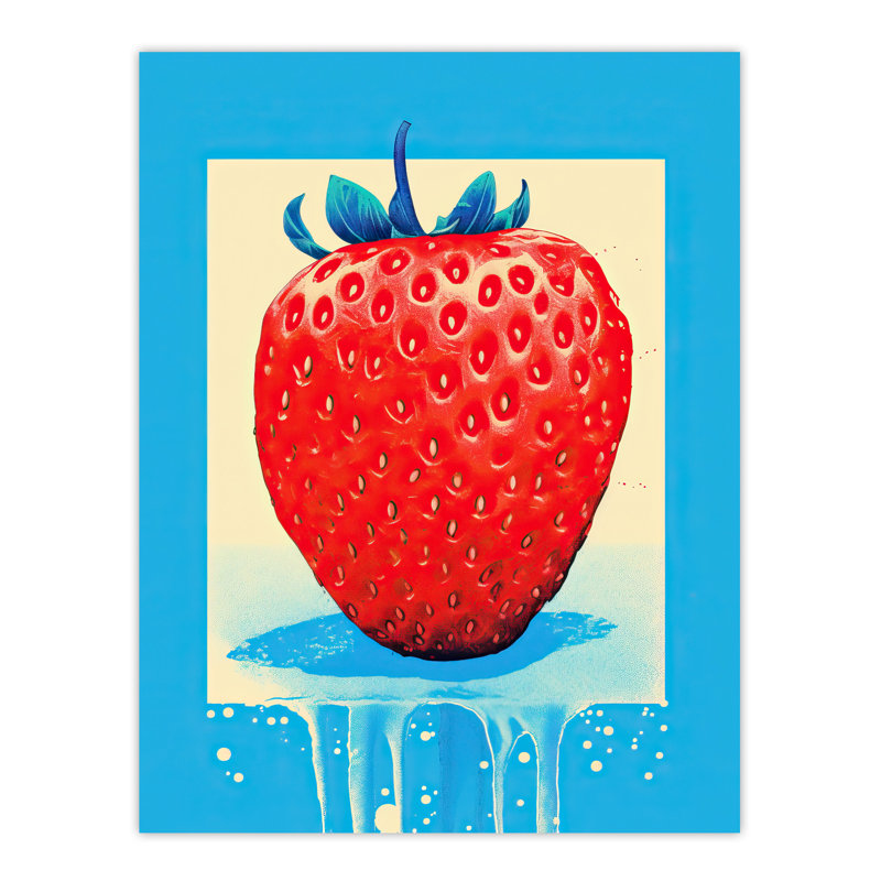 Wall Art Print Single Strawberry Fruit in Ice Frame Vibrant Red Painting Poster