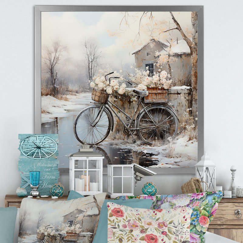 " Bicycle Charm In Winter ", 24" H x 24" W x 1" D, Silver Picture Framed