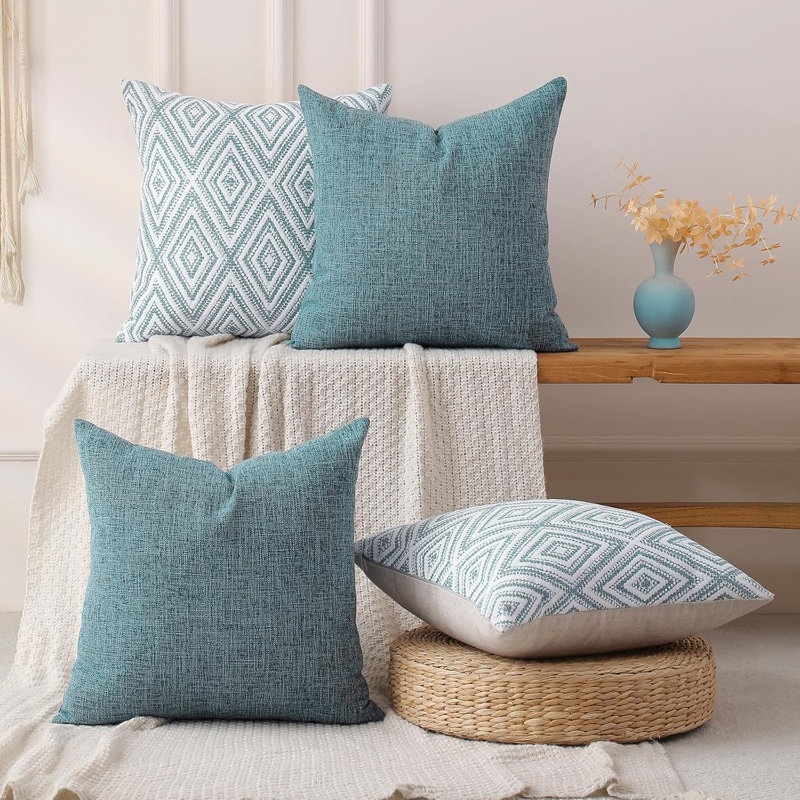 Housse de coussin, taille 18 x 18 cm, chaque ensemble comprend 4 taies d'oreiller, faites de matériau texturé bleu.