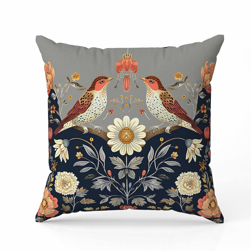 Coussin Birdsong, Carré 16 po, Bleu / orange / bleu marine / gris