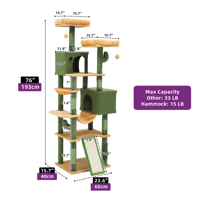 Tour pour arbre à chat Cactus, mobilier pour chat Cactus à plusieurs niveaux avec 2 lits plateforme et 2 maisons pour chat, grand arbre à chat mignon avec lit à structure en métal et 1 hamac
