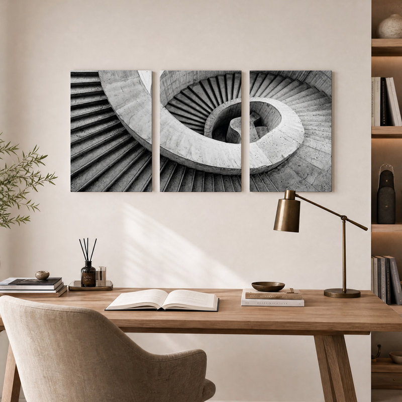 Ensemble de 3 toiles murales représentant un escalier en colimaçon en béton noir et blanc, 24"H x 16"W x 3pcs