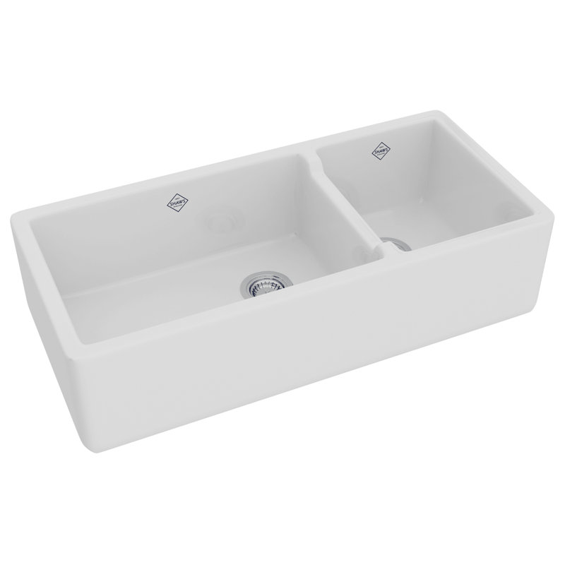 Lancaster 40" Double Bowl White Fireclay Farmhouse Sink