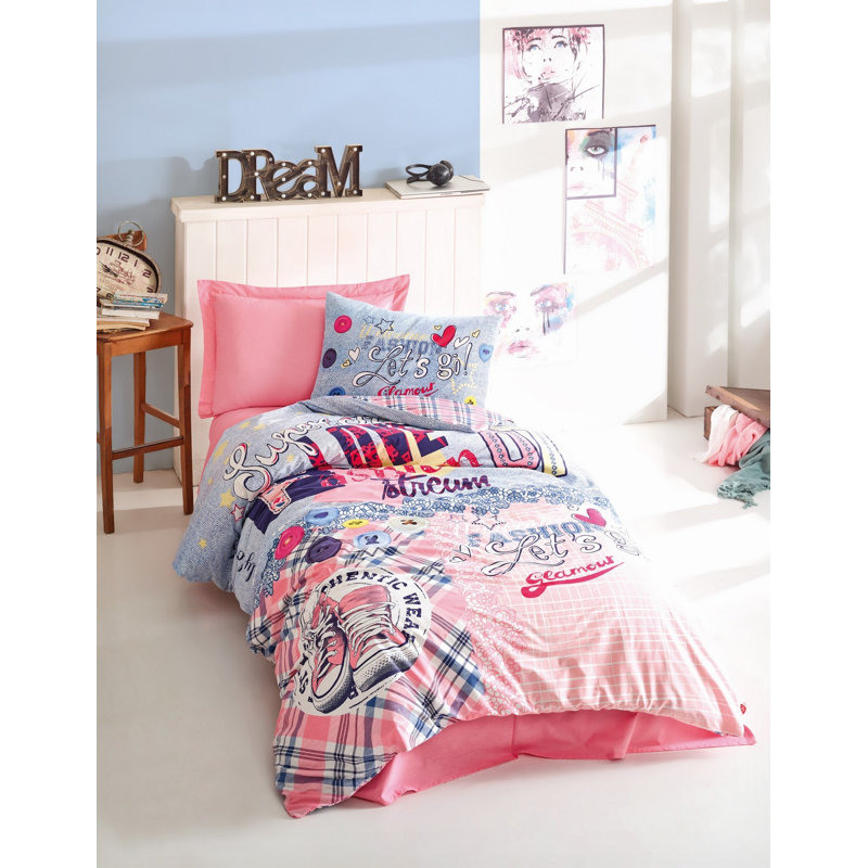 Ensemble de housse de couette 100% coton rose / bleu / blanc Hackman 3 pièces