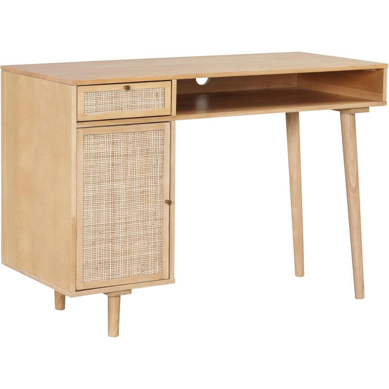 Modern Desk With Storage, Natural Rattan Table With Square Webbing And Gold Accent Knobs, Natural Brown