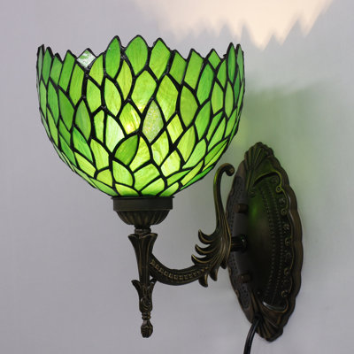 Tiffany Wall Sconce Lamp Green Wisteria Style Stained Glass 8X10.5X11 Inch Plug in Wall Bedside Light for Hallway Bedroom