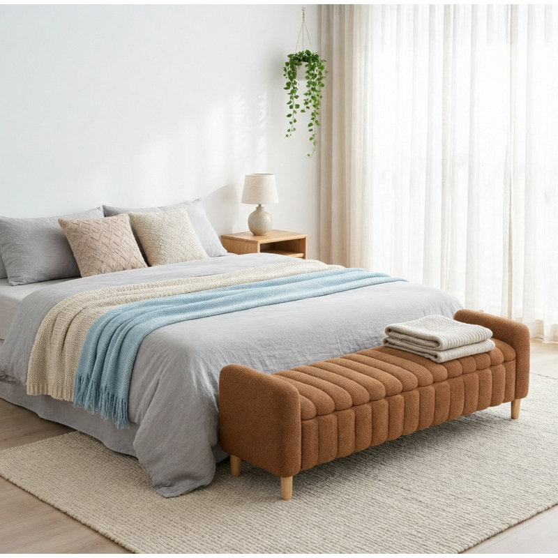 Banc de bout rembourré de 63,3 po de largeur pour entrée de chambre à coucher, salle à manger et salon, Caramel