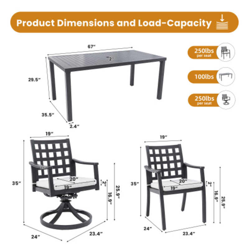 Ensemble de salle à manger d'extérieur moderne moderne de 7 pièces avec chaises berçantes pivotantes convenant aux fêtes de jardin et à la détente sur la terrasse