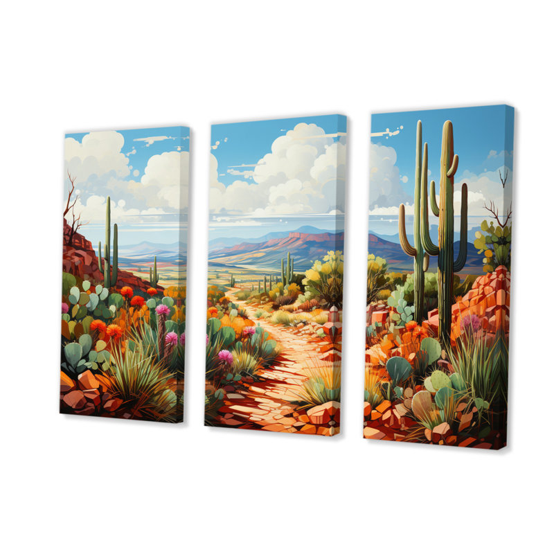 Corail vert, cactus du désert, orgue sur toile, 3 pièces, H 40 po x l 60 po x P 1 po