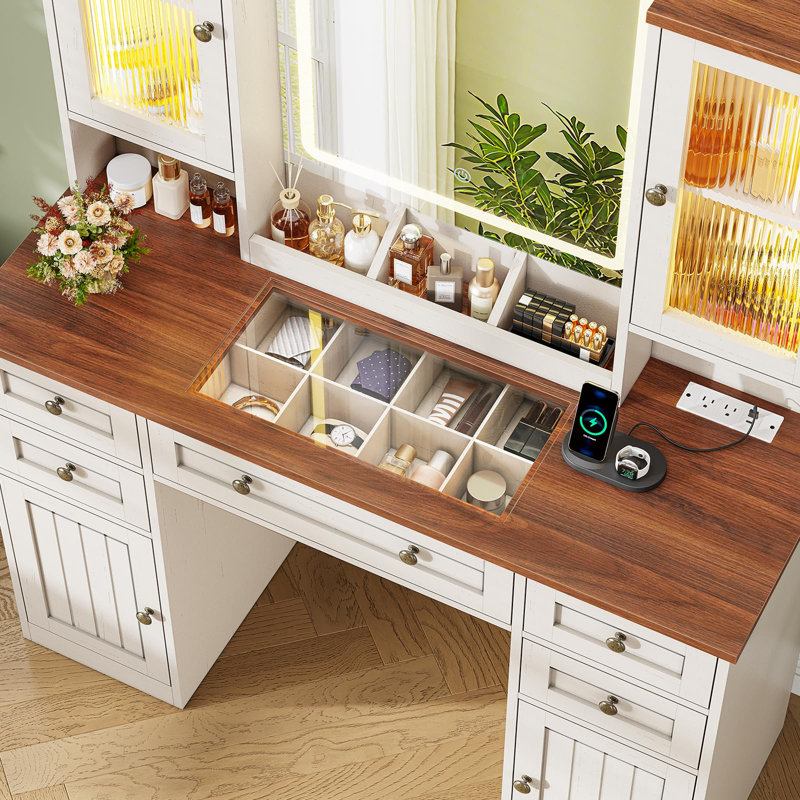 43.3'' White Vanity Desk with 20.5'' Mirror and Lights Dressing Table for Bedroom Modern Farmhouse, White/Brown