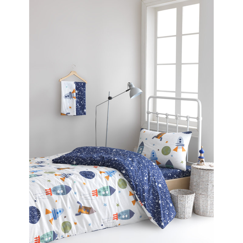Ensemble de housse de couette 100% coton bleu foncé / blanc / vert / gris Archambault