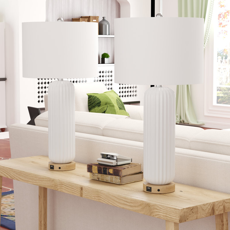 Brigitzer 28" Modern Ceramic Table Lamp with USB Charging Port and 3-Way Dimmable Lighting