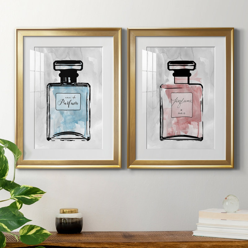 «Blue Wash Perfume», ensemble de 2 reproductions d'art, H 22,5 po x l 61 po x P 1,5 po, Papier encadré doré, Blanc