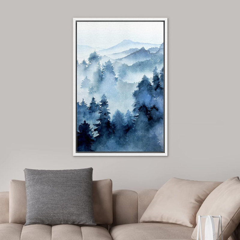 Paysage de forêt Woodland «Blue Winter Mist Pastel Mountain Forest» sur, H 24 po x l 16 po, Cadre flottant blanc