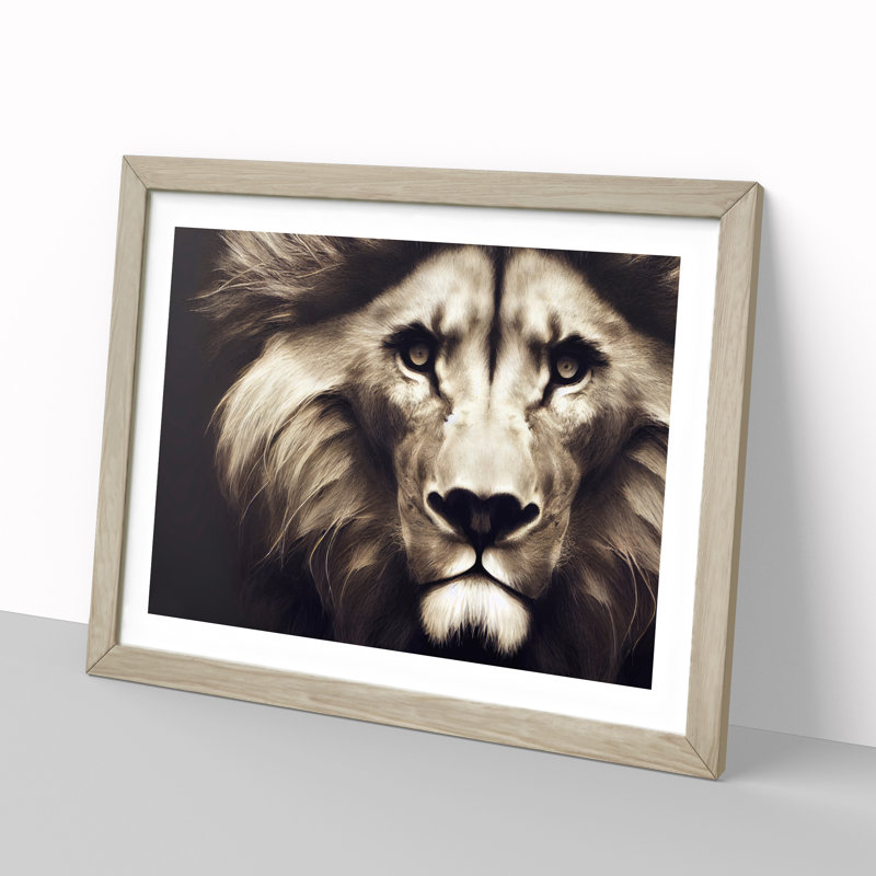 Tantalising Lion - Single Picture Frame Print, 46cm H x 64cm W, Oak