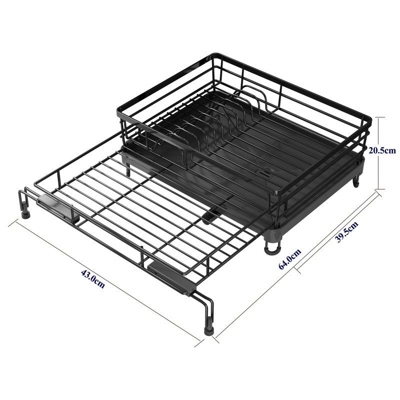 Extendable Dish Drying Rack - Rust-Resistant Dish Racks for Kitchen Counter with Adjustable Support Legs, Cutlery Holder & Removable Draining Tray (Black, 15.6''-25.2''L × 16.9''W × 8.1''H)