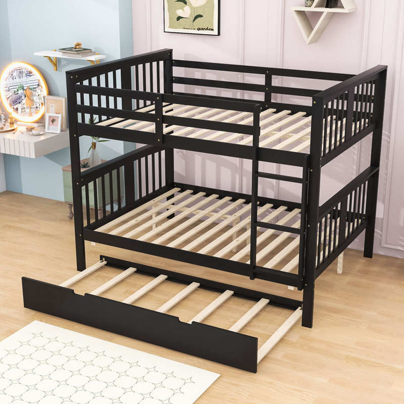 Full Over Full Wooden Bunk Bed With Twin Trundle And Convertible Design, Espresso