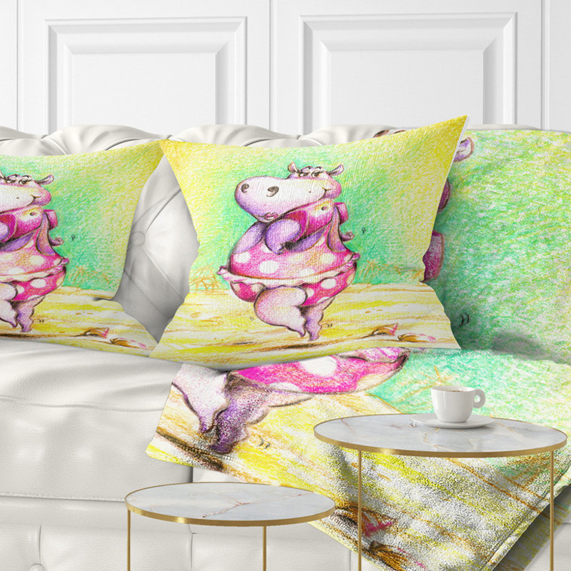 Mignon hippopotame qui nage - Coussin imprimé animal, 18 po x 18 po, Coussin décoratif