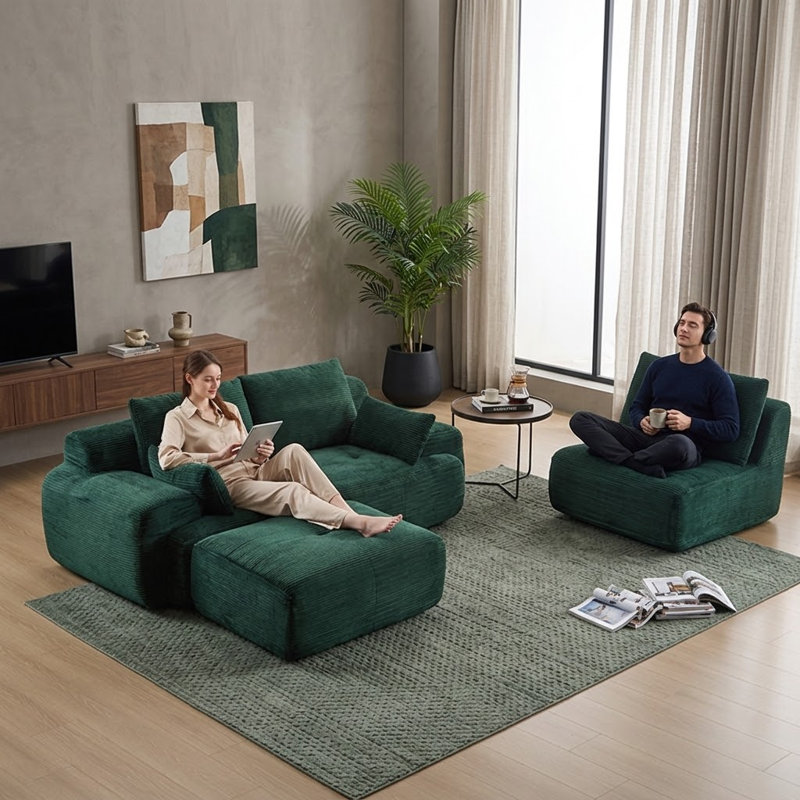 Modern Extra Deep Compression Corduroy Modular Sectional, Green