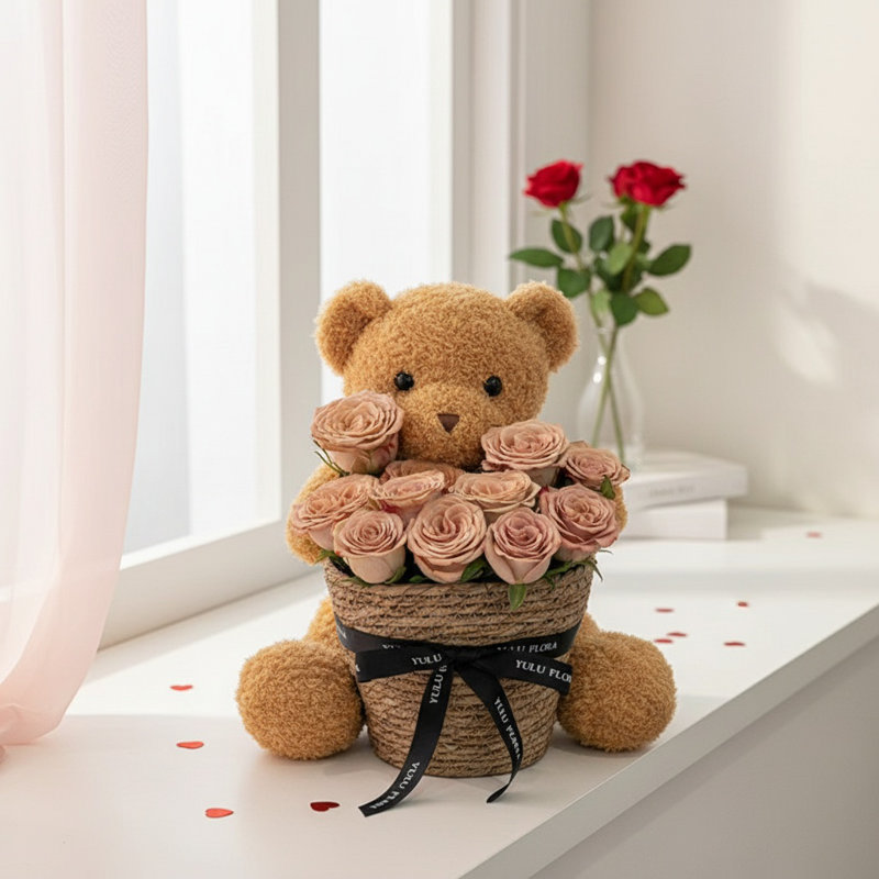 Ours en peluche de la Saint-Valentin avec bouquet de fleurs roses 11,8 pouces