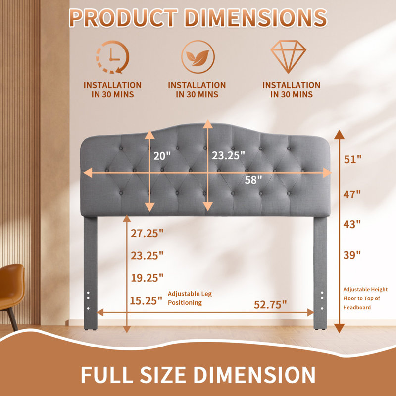Adjustable Height Headboard with Linen Upholstery and Button Tufting for Bedroom, Gray, Full