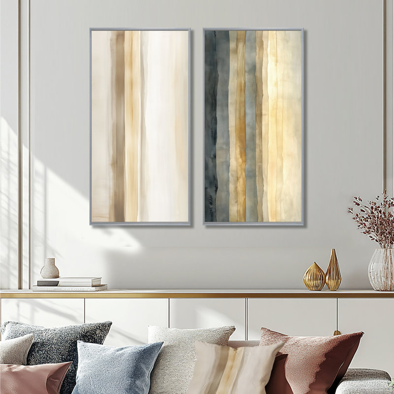 Couches d'horizon neutre I - Ensemble de 2 tableaux abstraits encadrés, 32" H x 32" W, Silver Floater Framed