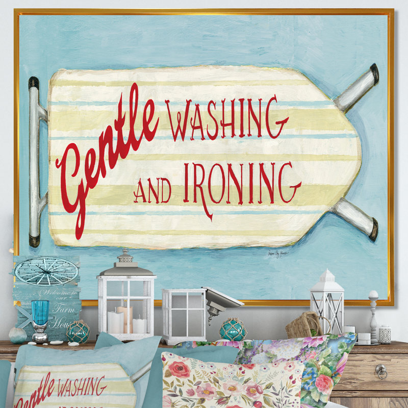 " Gentle Washing And Ironing In Landry ", 36" H x 46" W x 1.5" D, Gold Floater Framed Canvas